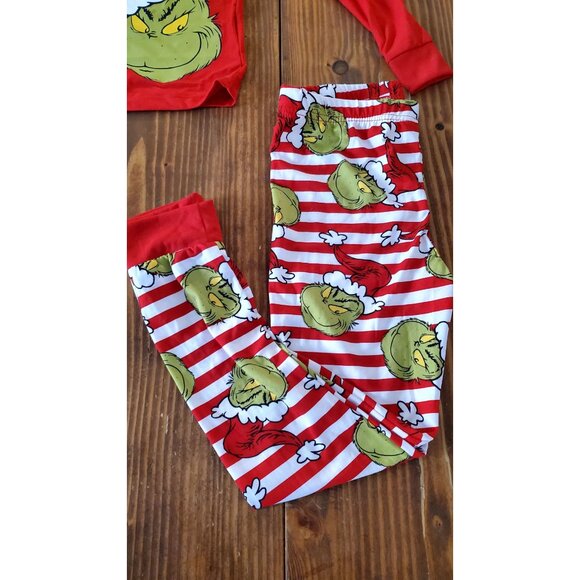 Dr. Seuss Go Grinch Or Go Home Kids PJ Set Long Sleeve Red Striped Pants Size 10 - Picture 5 of 7